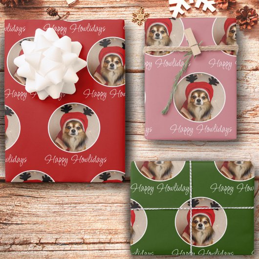 Happy Howlidays Red Green Pink Dog Pet Foto Geschenkpapier Set