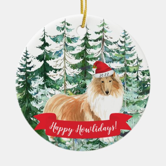 Happy Howlidays Rough Collie Dog Christmas Ornamen Keramik Ornament (Vorne)
