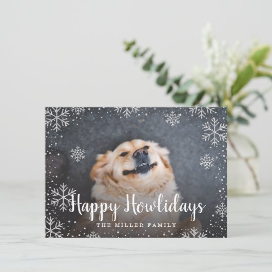 Happy Howlidays Silver Snowflakes Foto Einladung (Stehend Vorderseite)
