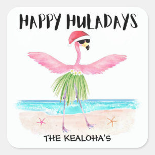 Happy Huladays Flamingo Tropical Beach Weihnachten Quadratischer Aufkleber