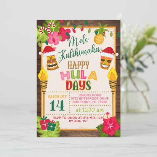 Happy HulaDays Weihnachts Luau Einladung (Stehend Vorderseite)