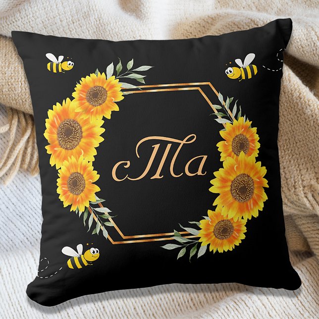 Happy Hummeln Sonnenblumen schwarzes Paar monogram Kissen (Von Creator hochgeladen)