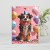 Happy Hund feiert Geburtstag mit Kuchen Einladung (Stehend Vorderseite)