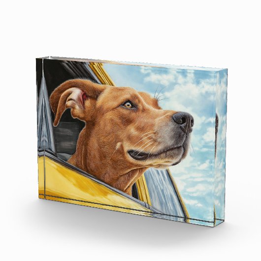Happy Hund in Gelben Auto Art Print Fotoblock (Rechts)