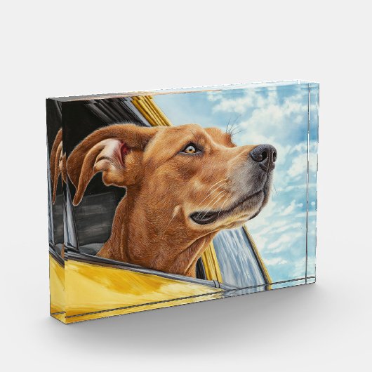 Happy Hund in Gelben Auto Art Print Fotoblock (Links)