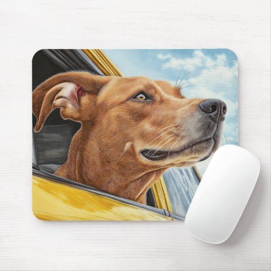 Happy Hund in Gelben Auto Art Print Mousepad (Mit Mouse)