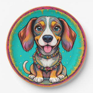 Happy Hund mit einem farbenfrohen Collar Pappteller
