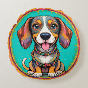 Happy Hund mit einem farbenfrohen Collar Rundes Kissen