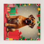 Happy Hund sitzen mit Weihnachtsgeschenken Puzzle (Horizontal)