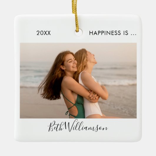 Happy is 2 Foto Friend Signature Script Keramikornament (Vorderseite)