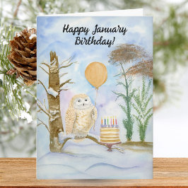 Happy January Birthday Barred Owl with Cake Karte