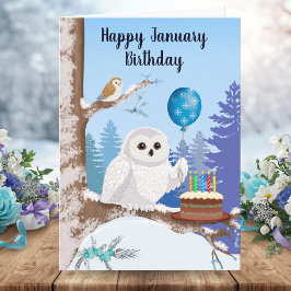 Happy January Birthday Snowy Owl with Cake Karte