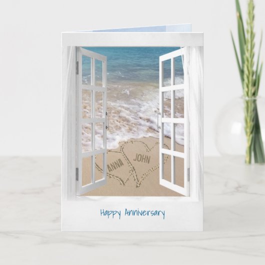 Happy Jubiläum offenes Strandfenster Karte (Vorderseite)