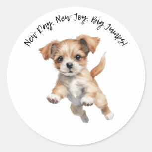 Happy Jumping Dog Art - New Day Posift Runder Aufkleber