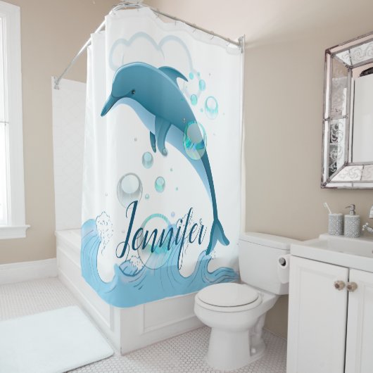 Happy Jumping Dolphin mit Blasen Duschvorhang (Beispiel)