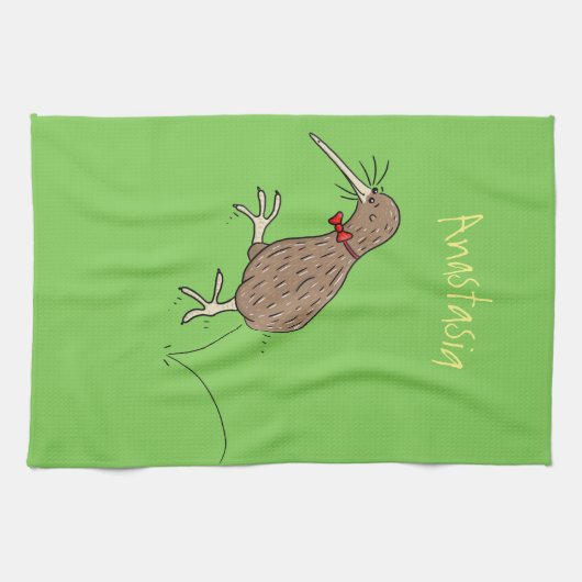 Happy Jumping Kiwi mit Bug-Krawatte Cartoon Design Geschirrtuch (Horizontal)