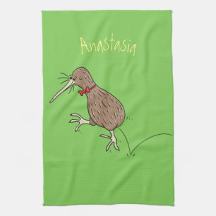 Happy Jumping Kiwi mit Bug-Krawatte Cartoon Design Geschirrtuch