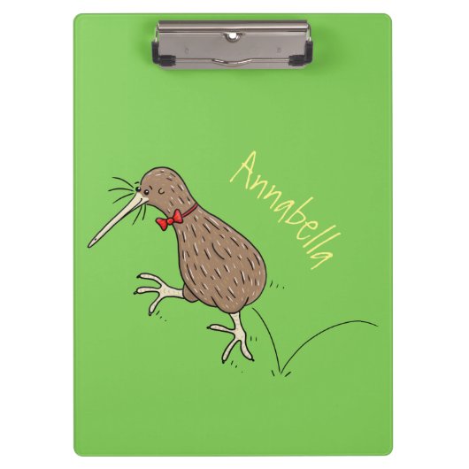 Happy Jumping Kiwi mit Bug-Krawatte Cartoon Design Klemmbrett (Vorderseite)