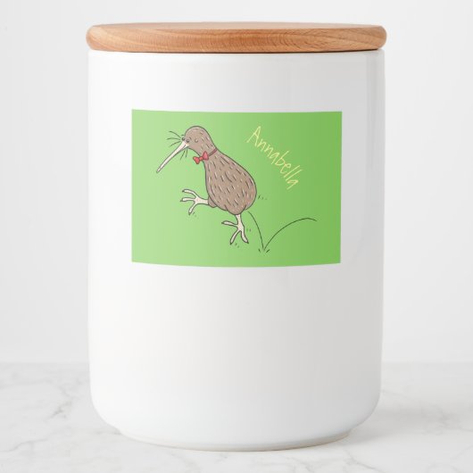 Happy Jumping Kiwi mit Bug-Krawatte Cartoon Design Lebensmitteletikett (Vorderseite)