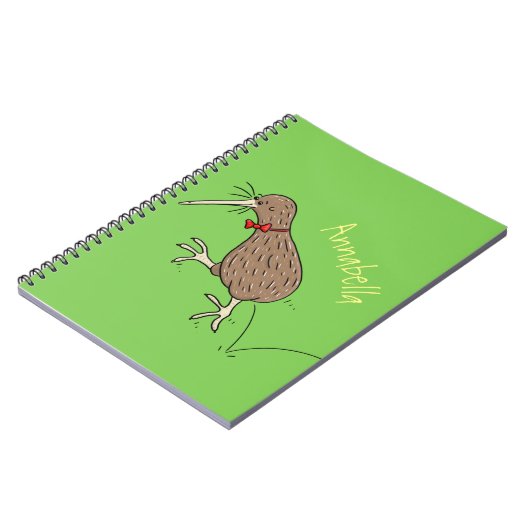Happy Jumping Kiwi mit Bug-Krawatte Cartoon Design Notizblock (Linke Seite)
