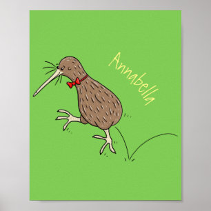 Happy Jumping Kiwi mit Bug-Krawatte Cartoon Design Poster