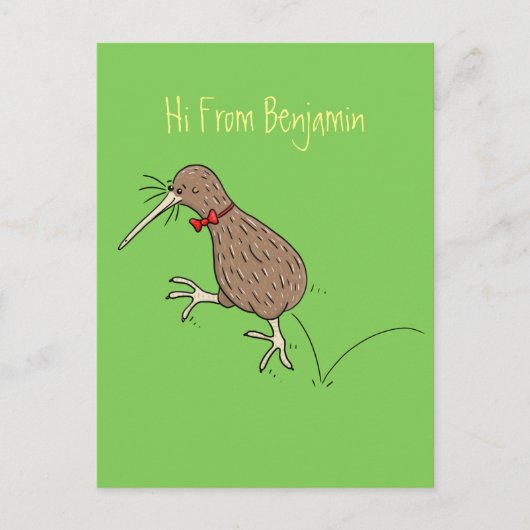 Happy Jumping Kiwi mit Bug-Krawatte Cartoon Design Postkarte (Vorderseite)