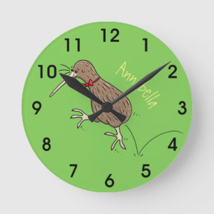 Happy Jumping Kiwi mit Bug-Krawatte Cartoon Design Runde Wanduhr