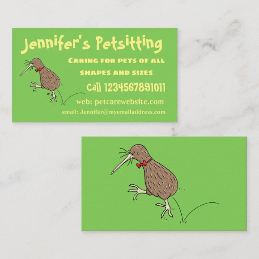 Happy Jumping Kiwi mit Bug-Krawatte Cartoon Design Visitenkarte (Vorne/Hinten)