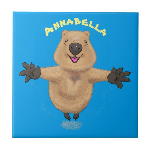 Happy Jumping Quokka Cartoon Design Fliese (Vorderseite)