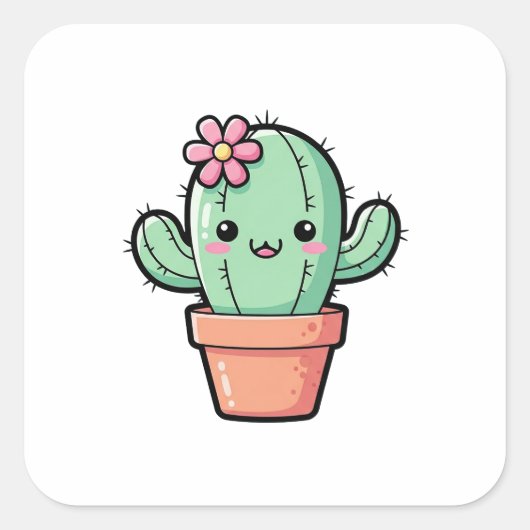 Happy Kawaii Cactus – Cute Illustration Quadratischer Aufkleber (Vorderseite)