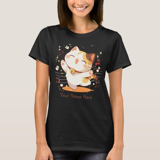 Happy Kawaii Calico Cat Dancing to Music T-Shirt (Vorderseite)