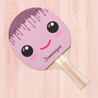Happy Kawaii Face Faux Glitter Customizable Name Tischtennis Schläger