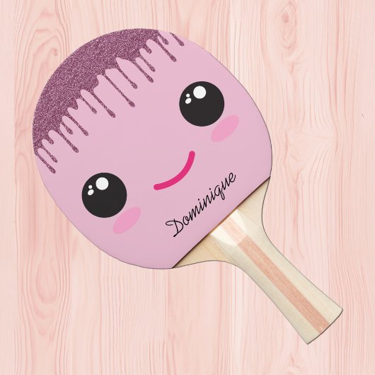 Happy Kawaii Face Faux Glitter Customizable Name  Tischtennis Schläger
