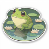 Happy Kawaii Frog auf einem Lily Pad Sticker (Vorderseite)