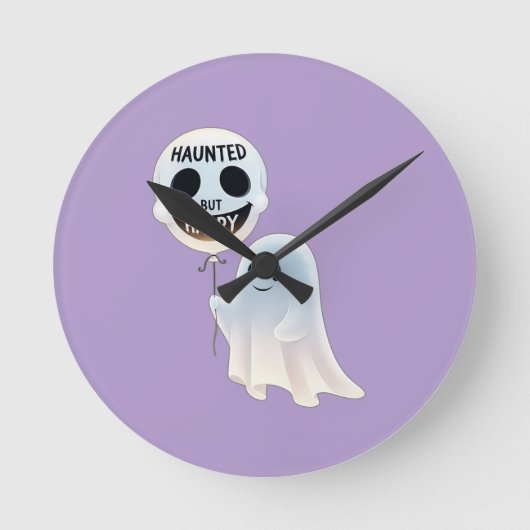 Happy Kawaii Ghost with Skull Balloon Runde Wanduhr (Vorderseite)
