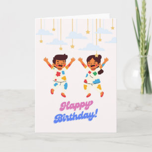 Happy Kids Jumping Birthday Card - Twins Siblings Karte