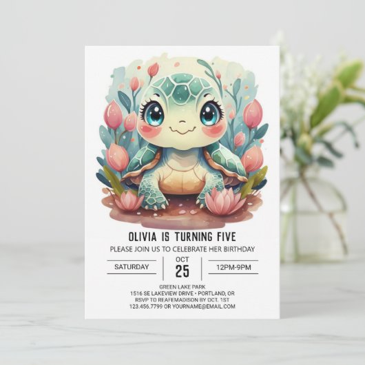 Happy Kids Turtle Girl Geburtstag Einladung (Stehend Vorderseite)