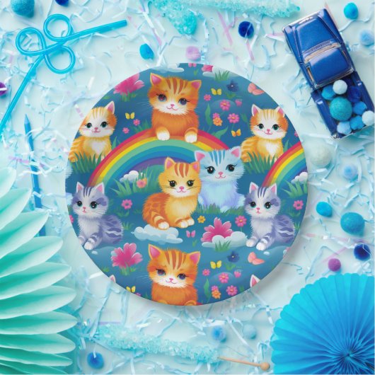 Happy Kitty Cats auf Regenbogenwolken Pappteller (Party)
