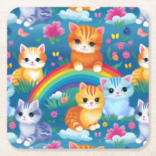 Happy Kitty Cats auf Regenbogenwolken Rechteckiger Pappuntersetzer