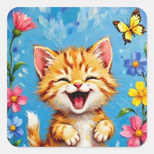 Happy Kitty Garden Quadratischer Aufkleber (Vorderseite)