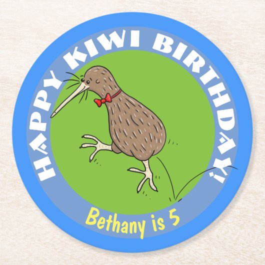 Happy Kiwi Cartoon Vogel mit Bogen Krawatte Runder Pappuntersetzer (Vorderseite)