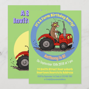 Happy Kuh mit rotem Traktor Cartoon Einladung