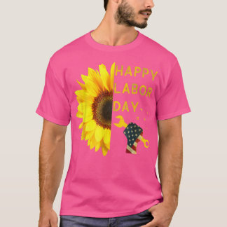 Happy Labor Day Sunflower American Flag T-Shirt