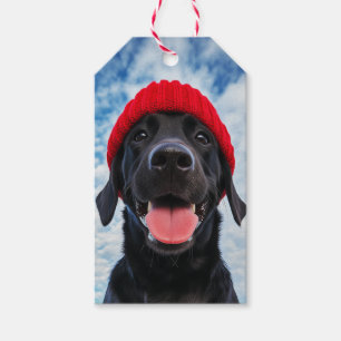 Happy Labrador in einer Roten Beanie Unter blauem  Geschenkanhänger