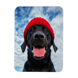 Happy Labrador in einer Roten Beanie Unter blauem  Magnet