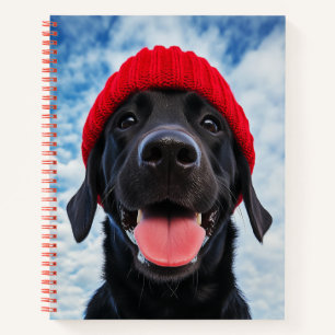 Happy Labrador in einer Roten Beanie Unter blauem  Notizblock