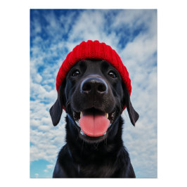 Happy Labrador in einer Roten Beanie Unter blauem  Poster
