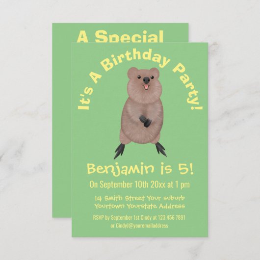 Happy lächelnd niedliche Quokka Cartoon Design Einladung (Vorne/Hinten)