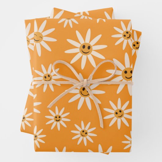 Happy lächelnd Retro-Weiße Blume Muster Geschenkpapier Set (Beispiel)