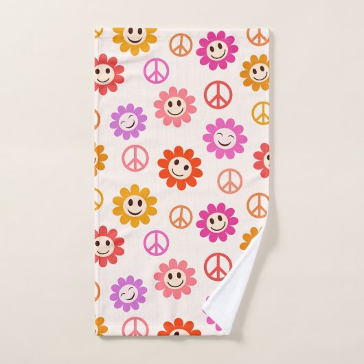 Happy Lächelnde Blume mit Friedenszeichen Badhandtuch Set (Handtuch)